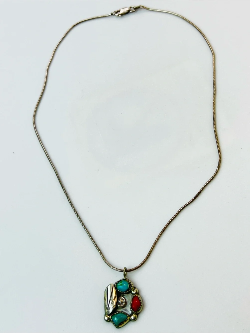 Native American Sterling Silver Turquoise & Coral Pendant Necklace SIGNED